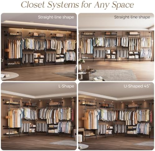 Wall Mounted Closet System, Heavy Duty 6-Row Clothes Rack, Expandable Industrial Pipe Closet Organizers and Storage with 6 Telescopic Rods, 3 Fixed Rods, 7 Hooks & 9 Shelves for Wardrobe, Bedroom - Image 5
