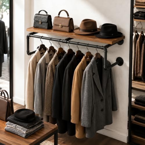 48 Inch Industrial Pipe Wall Clothing Rack with Shelves, Solid Wood, Black by BAOGELIYA