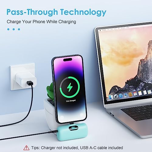 Mini Portable Charger USB C Power Bank,5000mAh PD Fast Charging Battery Pack Built-in USB-C Connector Travel Essential for iPhone17/Pro/17Pro Max/16e/Air/16 Plus/16Pro Max/15 All Series,Android Green - Image 2