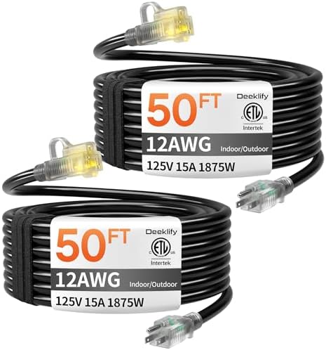 2 Pack 12 Gauge 50 FT Heavy Duty Outdoor Extension Cord Waterproof by Deeklify