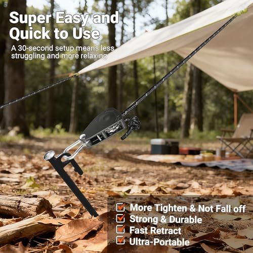 Camping Ropes Guy Line - Tarp Tie Down Ropes with Ratchet System, Pulley & Reinforced Metal Gear - Adjustable Heavy Duty Guy Lines for Canopy Tent, Quick Setup Outdoor Strap-4Pack - 6Pack - Image 5