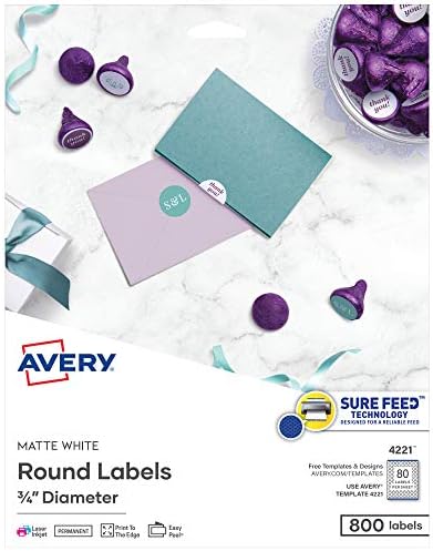 Avery® Printable Round Labels, Sure Feed® Technology, 3/4" Diameter, Matte White, 800 Customizable Labels (4221) by Avery