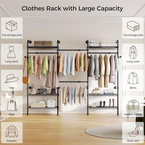 Closet Organizers and Storage, 3-Row Heavy Duty Garment Rack Clothes Rack for Hanging Clothes, Wall Mounted Closet System with 4 Telescopic Rods, 4 Hooks, 6 Shelves for Wardrobe, Bedroom, Small Space - Image 6