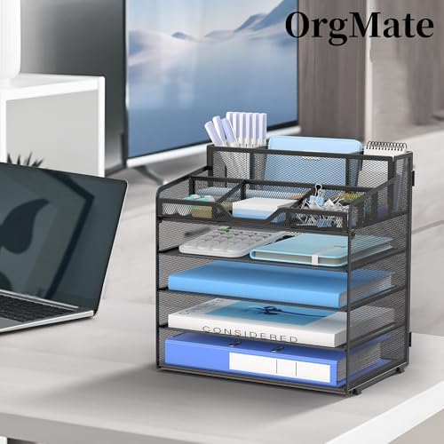 5 Tier Mesh Paper Desk Organizer with Pen Holders, Black - Image 6