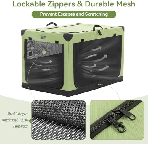 PETSFIT 30" Soft Portable Dog Crate – Patented Spiral Sturdy Frame, Collapsible Travel Kennel for Medium Dogs, 3 Mesh Door, Lockable Zippers, Indoor & Car Use Green - Image 6