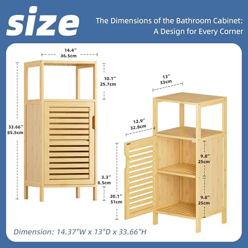 HITNET Bathroom Cabinet Freestanding, Small Bamboo Floor Cabinet, 4 Tier Single Door Sofa Side Table Storage Organizer, Space Saving Kitchen Cupboard, Natural - Image 3