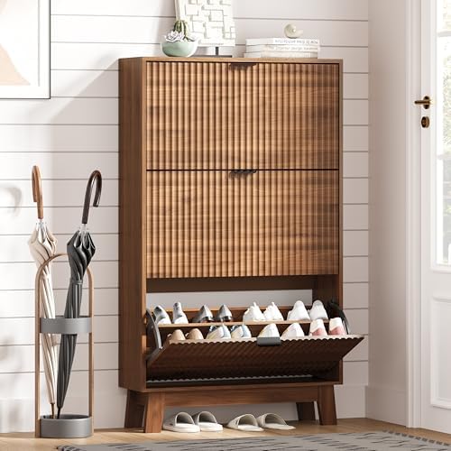 Shoe Cabinet Storage for Entryway with 3 Flip Drawers, Fluted Narrow Shoe Organizer with Wooden Legs, Freestanding Slim Shoe Storage Hidden Shoe Rack Organizer for Front Door Entrance, Hallway, Walnut by HUANLEGO