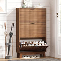 Shoe Cabinet Storage for Entryway with 3 Flip Drawers, Fluted Narrow Shoe Organizer with Wooden Legs, Freestanding Slim Shoe Storage Hidden Shoe Rack Organizer for Front Door Entrance, Hallway, Walnut by HUANLEGO