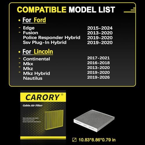 CARORY Cabin Air Filter w/Activated Carbon for Ford Edge 2015–2024, Fusion 2013–2020, Lincoln Continental 2017–2021, MKX 2016–2018, MKZ 2013–2020, Nautilus 2019–2026, and More, CF775 - Image 3
