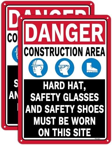2 Pack Danger Construction Area Hard Hat Safety Glasses and Safety Shoes Must Be Worn On This Site Signs 14” x 10” Rust-Free Aluminum Easy to Install by Afuven
