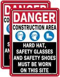 2 Pack Danger Construction Area Hard Hat Safety Glasses and Safety Shoes Must Be Worn On This Site Signs 14” x 10” Rust-Free Aluminum Easy to Install by Afuven