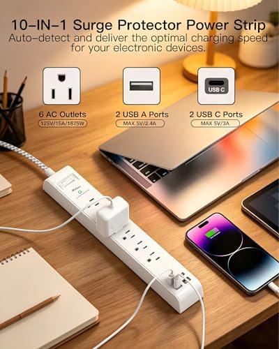 Surge Protector Power Strip 5FT, 10-in-1 with 6 AC Outlets 4 USB Ports(2 USB-C), Ultra Flat Plug Braided Extension Cord, Wall Mountable, 1080J Surge Protection, ETL Listed, White - Image 2