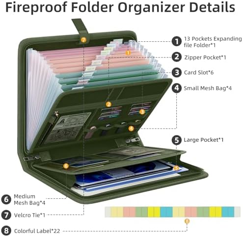Fireproof Accordion File Organizer, Expanding File Folder with 13 Pockets - Image 3