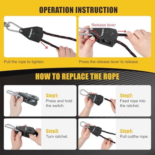 Ayaport Adjustable Rope Tie Down, 3/8" Grow Light Hanger, 4 Pack - Image 6