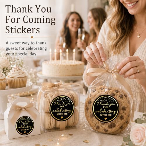 100PCS Thank You for Celebrating with Me Stickers, Black Gold Wedding Favor Labels for Bridal Shower, Baby Shower, Engagement Party, Gift Bags & Invitations 1.6 Inch (Black Gold, with Me) - Image 3
