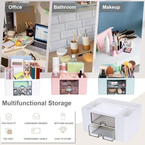 Meiikun Plastic Pen Organizer, Multifunctional Desk Organizer with 2 Drawers, 4 Compartments & a Top Tray, Pencil Holder Desktop Organizers and Accessories for Office, 7.7" x 5.5" x 3.9" (White) - Image 4
