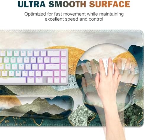 Gaming Mouse Pad, Large Desk Mat, Cute Desk Pad Protector, 4in1 XXL Mousepad +Keyboard Wrist Rest+Mouse Wrist Rest+Coaster Set with Ergonomic Desk Pad for Home Office Table Computer Green Mountain - Image 4