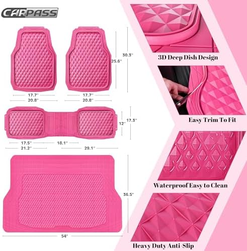CAR PASS Heavy Duty Rubber Hot Pink Car Floor Mats & Cargo Liners, Deep Dish All-Weather Trunk Mats Durable Anti-Slip 3D Rhombus Waterproof Trim to Fit Liner Universal Fit Auto,Sedan,SUV,Truck, Pink - Image 5