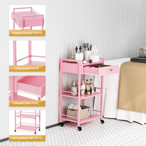 OmySalon Salon Trolley Cart with Wheels, Esthetician Cart with 1 Drawer & 2 Trays, Mobile Storage Organizer for Beauty Spa Massage Tattoo Esthetic Facial Tool Holder Station, Pink - Image 3