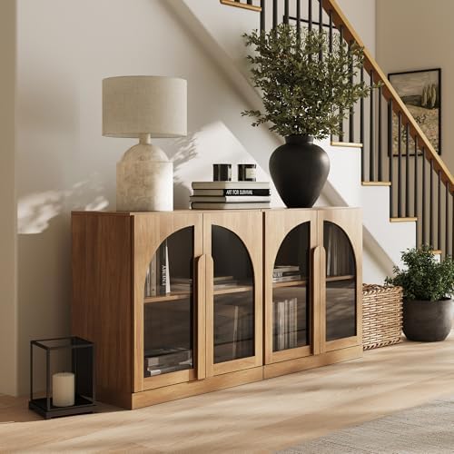 BELLEZE 2 Tier Bookshelf with Arched Glass Door, Set of 2 Modern Display Bookcase Shelf with Storage and Adjustable Shelves, 63" Wood Bookshelves for Living Room Office Entryway (Camel) by BELLEZE
