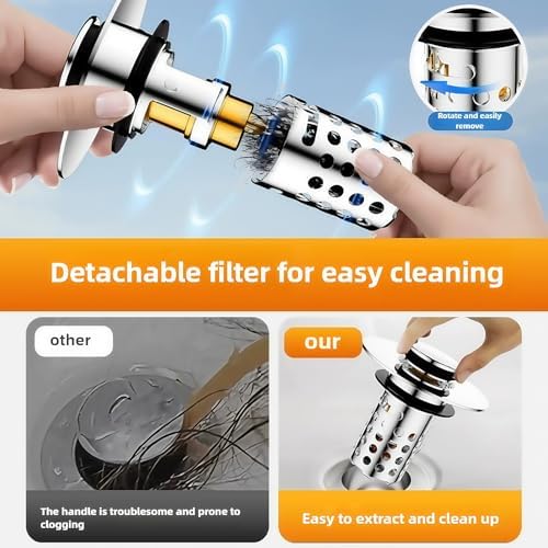Universal Pop-Up Bathroom Sink Stopper, Stainless Steel Drain Strainer with Removable Filter Basket for 1.1"-2.36" Basin, Push-to-Bounce Core, Bathroom Sink Plug, Hair Catcher, 2 Pack - Image 3