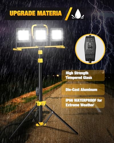 Upgraded LED Work Lights with Stand, 21000 Lumen, 3-Head Adjustable Work Light, Waterproof Foldable Tripod, Extended Cord for Outdoor & Indoor Job Sites, Workshops, Construction, Garage Lighting - Image 5