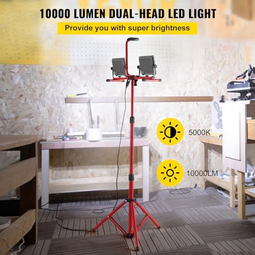 VEVOR LED Work Light with Stand, 2PCS 10000 Lumen Dual-head LED Work Light with 27.6"-68.1" Adjustable and Foldable Tripod Stand, IP65 Waterproofed LED Tripod Work Light, with 5000 K Color Temperature - Image 2