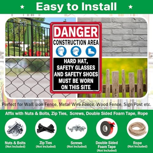 2 Pack Danger Construction Area Hard Hat Safety Glasses and Safety Shoes Must Be Worn On This Site Signs 14” x 10” Rust-Free Aluminum Easy to Install - Image 4