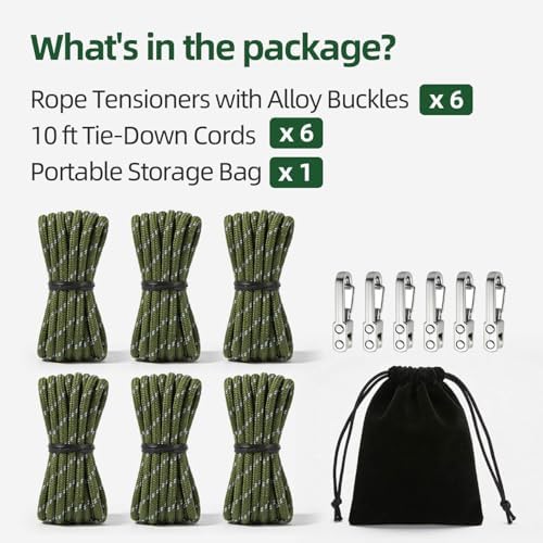 6 Pack Rope Tightening Tool & Tensioner with Alloy Buckles and Storage Bag, Tie Down Ropes for Tent, Tarp, Hammock, Clothesline, Luggage & Outdoor Use (Green) - Image 3