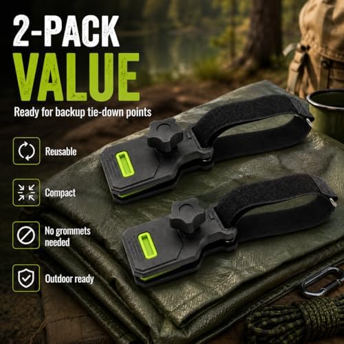 RV Awning Clamps 2 Pack, Grommetless Tarp Tie Down Clips, Thumb Screw Tarp Clamp with Hook and Loop Strap, Anti Slip Pads for Camper Awning, Canopy, Pool Cover - Image 2