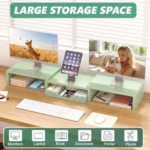 OPNICE Dual Computer Monitor Stand Riser, Desk Organizer with Drawer, Office Desk Accessories & Workspace Organizers for Home Office Supplies, Green - Image 4