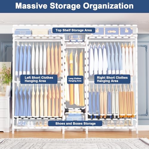 Ulif E12C Pro Heavy Duty Closet Organizer System，Freestanding Clothing Racks for Hanging Clothes，Adjustable Garment Rack 71"W x 16"D x 76.5"H Hold 960lbs，White Clothing Rack with White Dustproof Cover - Image 3