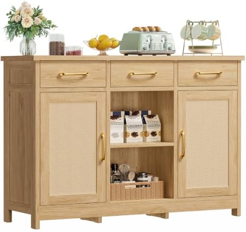 TEENFON Coffee Bar Cabinet with 3 Drawers, Farmhouse Buffet Cabinet by TEENFON