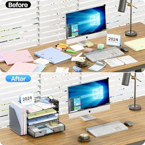 OPNICE Desk Organizer, 4-Tier Desktop File Organizer with Drawer and Pen Holders, Office Desk Accessories, File Sorters, Workspace Organizers for Office Supplies(Black 2-Pack) - Image 3