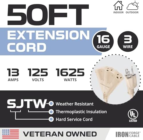 Iron Forge Cable 16 Gauge Beige Extension Cord Multi Outlet, 50 Ft - SJTW - Image 2