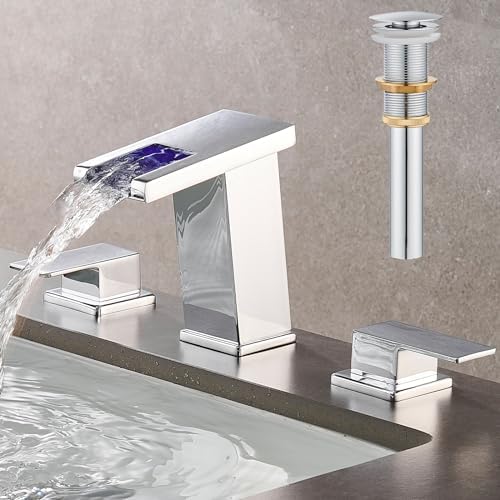 AVSIILE LED Bathroom Faucet 3 Hole, Chrome Waterfall Bathroom Faucets by AVSIILE