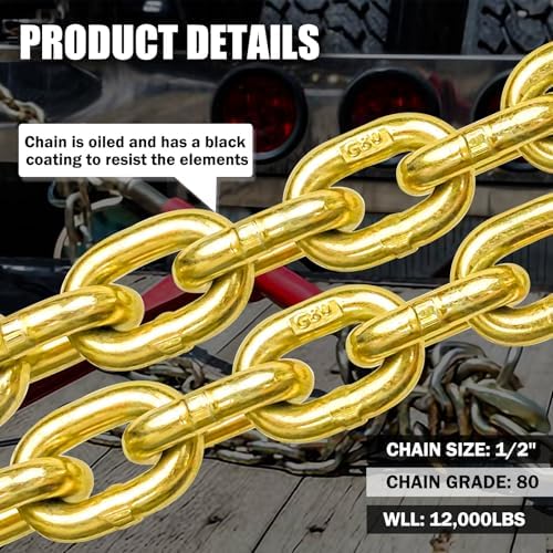 G80 Transport Binder Chain 1/2 Inch x 10 Foot | Tow Chain with Clevis Grab Hooks | 12,000 lbs Safe Working Load | Heavy Duty Chain for Transporting Towing - Image 3