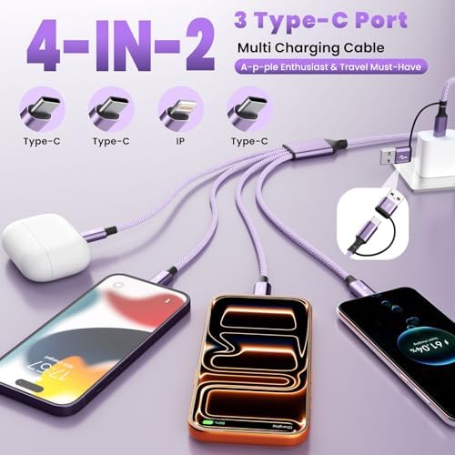 4 in 2 Multi Charging Cable with 3 Type-C+ 1IP Ports, Purple USB C Splitter - Image 2