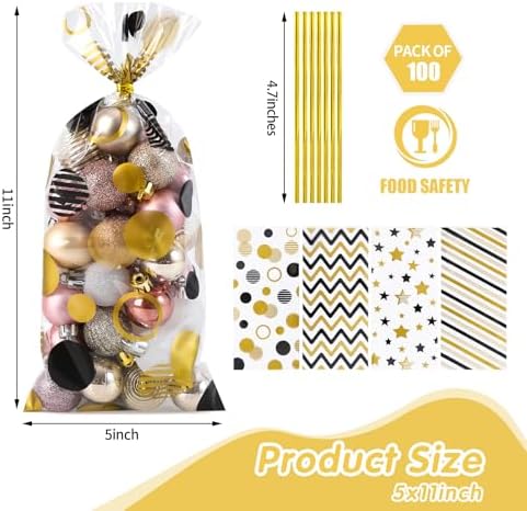 COQOFA Black Gold 5"X11" Gift Wrap Cellophane Cello Bags: Clear Candy Cookie & Plastic Goodie Storage Treat Party Favor Bags with Twist Ties - 100 Pcs for Graduation, Birthday & Retirement - Image 2