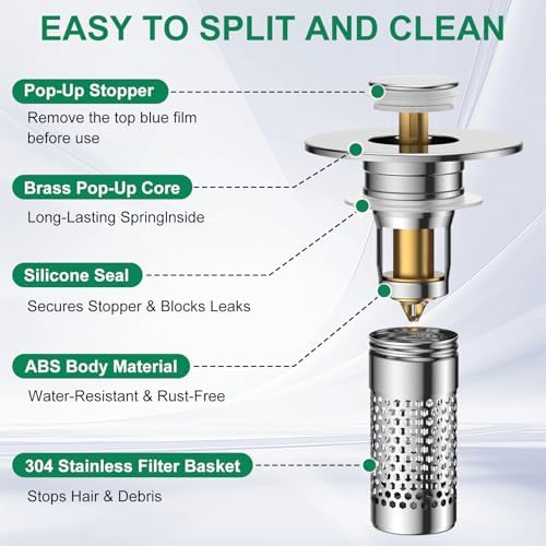 Bathroom Sink Drain Strainer,Universal Pop-Up Sink Stopper Hair Catcher - Image 6