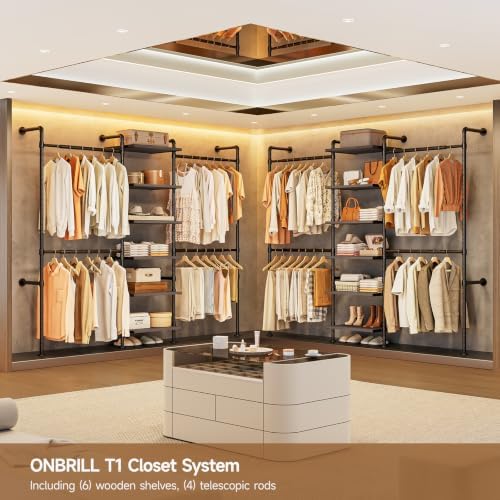 ONBRILL T1 Wall Mounted Closet System with 6 Wood Shelves & 4 Hanging Rods - Image 3