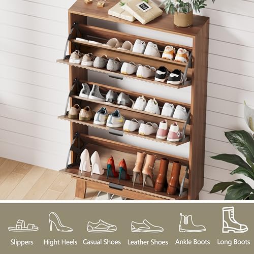 Shoe Cabinet Storage for Entryway with 3 Flip Drawers, Fluted Narrow Shoe Organizer with Wooden Legs, Freestanding Slim Shoe Storage Hidden Shoe Rack Organizer for Front Door Entrance, Hallway, Walnut - Image 4
