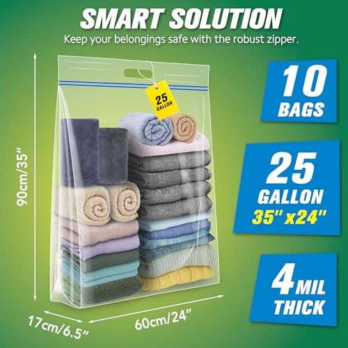 HIBAG 25 Gallon Jumbo Storage Bags, 35” x 24” Resealable Clear Bags with Handle, Extra Large XL Heavy Duty for Clothes Pillow Travel Moving, Pack of 10 - Image 2