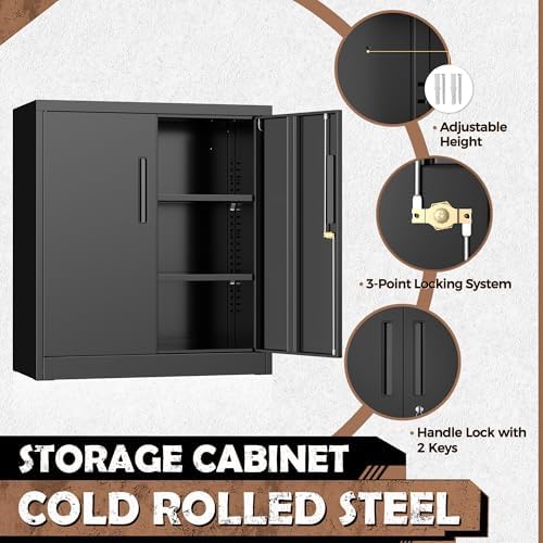 INTERGREAT Metal Storage Cabinet with Locking Doors, Lockable Steel Storage Cabinets with 2 Doors and Shelves, Black Metal Cabinets with Lock, Small Steel Cabinet for Office, Garage, Home, Shop - Image 4