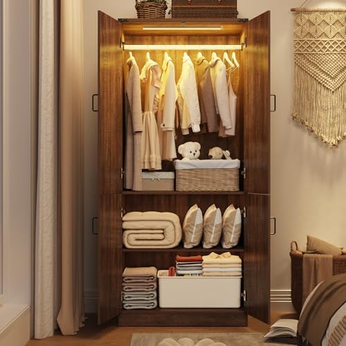 Hlivelood 75" Tall Farmhouse 2 Doors Armoire Wardrobe Closet with LED,Freestanding Closet Wardrobe Cabinet for Bedroom with Hanging Rod,Wooden Armoire Storage Cabinet with Adjustable Shelves(Brown) - Image 4
