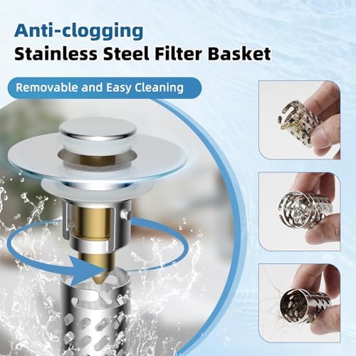 Universal Metal Bathroom Sink Stopper with Hair Catcher Strainer, Chrome - Image 3