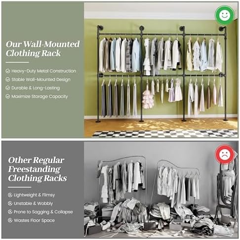 Industrial Pipe Garment Rack 106.3" L-Shaped Wall-Mounted Closet System - Image 4