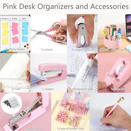Office Supplies,School Supplies,Pink Desk Accessories,Desk Organizer,Scissors,Stapler,Tape Dispenser,Binder Clips,Staples,Staple Remover,Sticky Notes,Clear Tape,Pen,Ruler,Best Gift,11pcs - Image 5