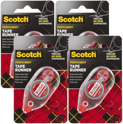 Scotch 6061 Scotch Double Sided Adhesive Roller Tape Runner, Permanent, Acid-Free, Photo-Safe Adhesive for Scrapbooking, Photo Mounting, and Crafts, 0.27 in x 26 ft per Roller, Pack of 4 by ScotchBrand