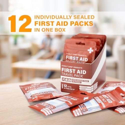 EVERLIT CARE Travel Bandage Pack | 12 Individual Packets, Bulk Portable Mini First Aid Kit with 20 On-the-Go Essentials | Compact Water-Resistant Reusable Pouch to Clean, Cover & Protect - Image 2